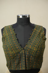 Mehendi Green HBP V-Neck Ajrakh Cotton Blouse - SRMGACB59