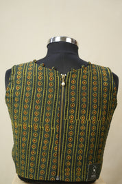 Mehendi Green HBP V-Neck Ajrakh Cotton Blouse - SRMGACB59