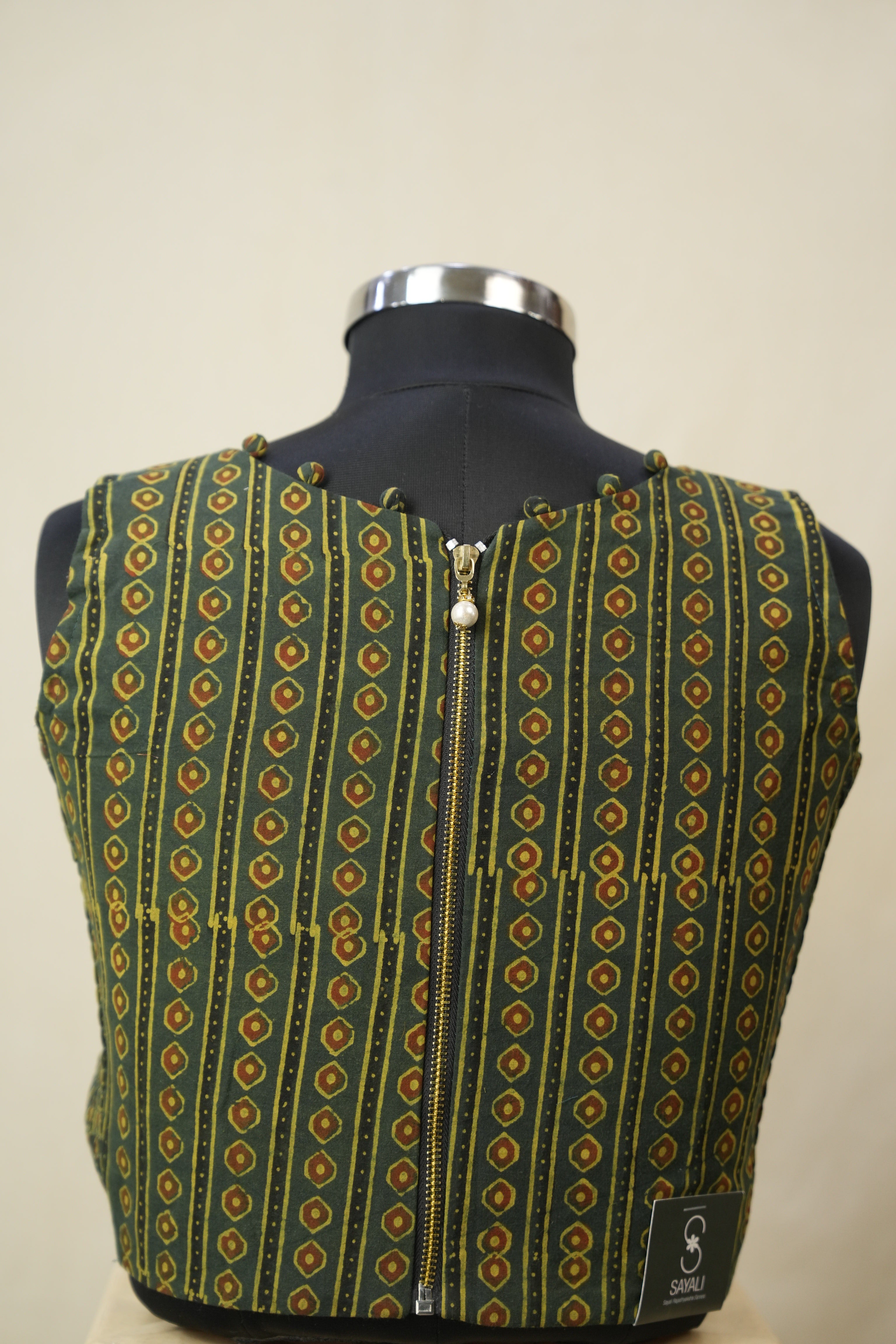 Mehendi Green HBP V-Neck Ajrakh Cotton Blouse - SRMGACB59