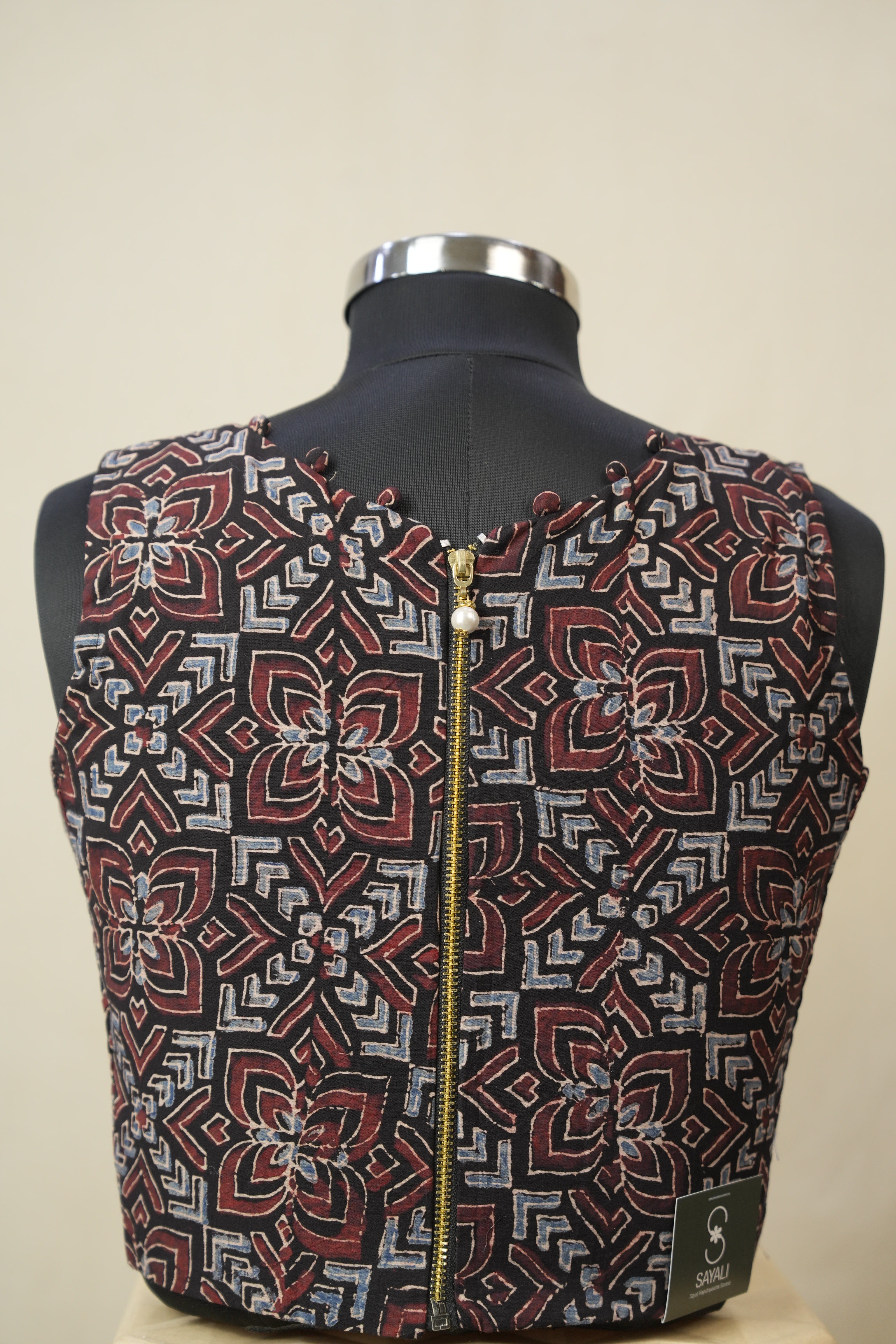 Black HBP V-Neck Ajrakh Cotton Blouse - SRBACB61