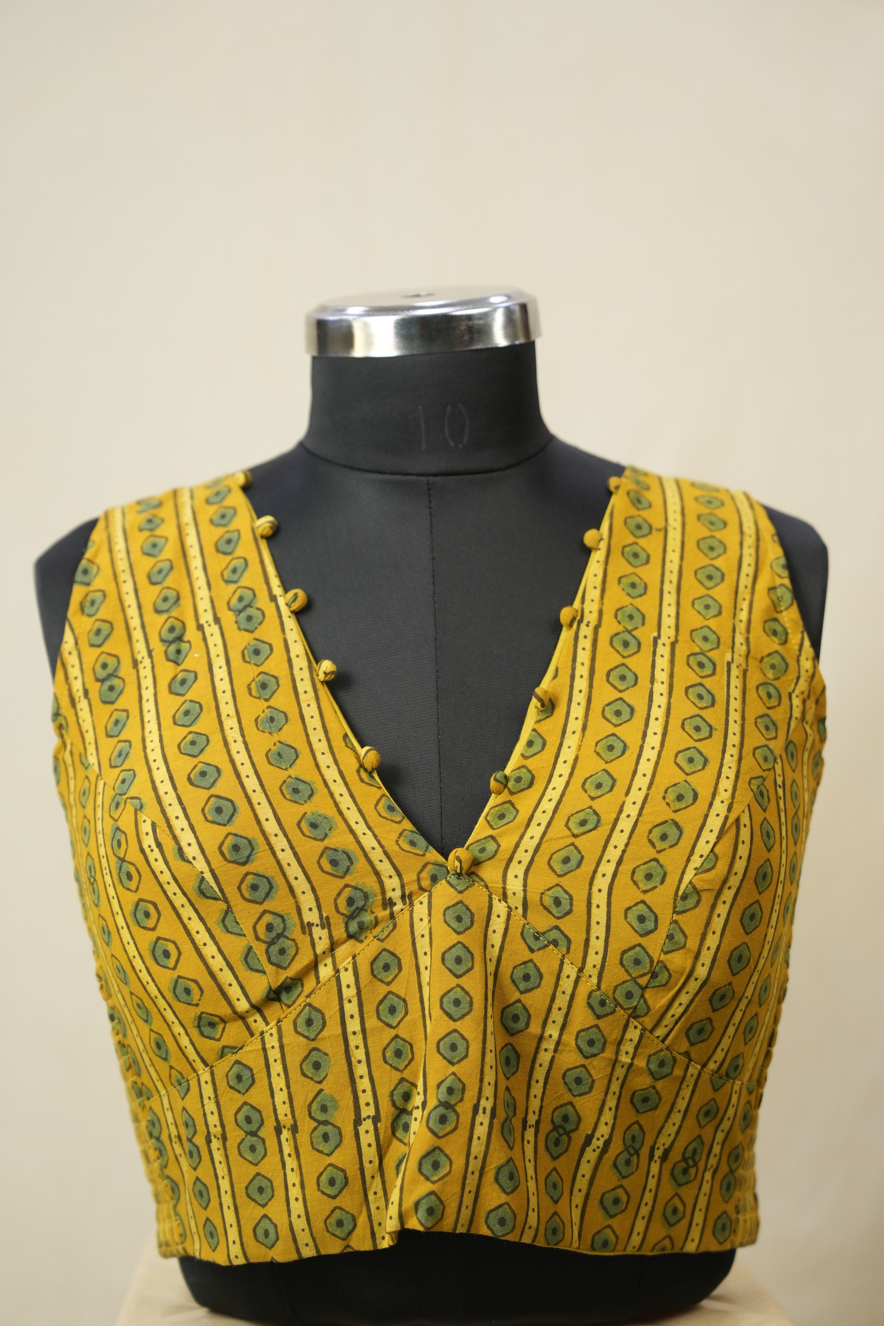 Mustard Yellow HBP V-Neck Ajrakh Cotton Blouse - SRMYACB57