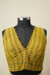 Mustard Yellow HBP V-Neck Ajrakh Cotton Blouse - SRMYACB57