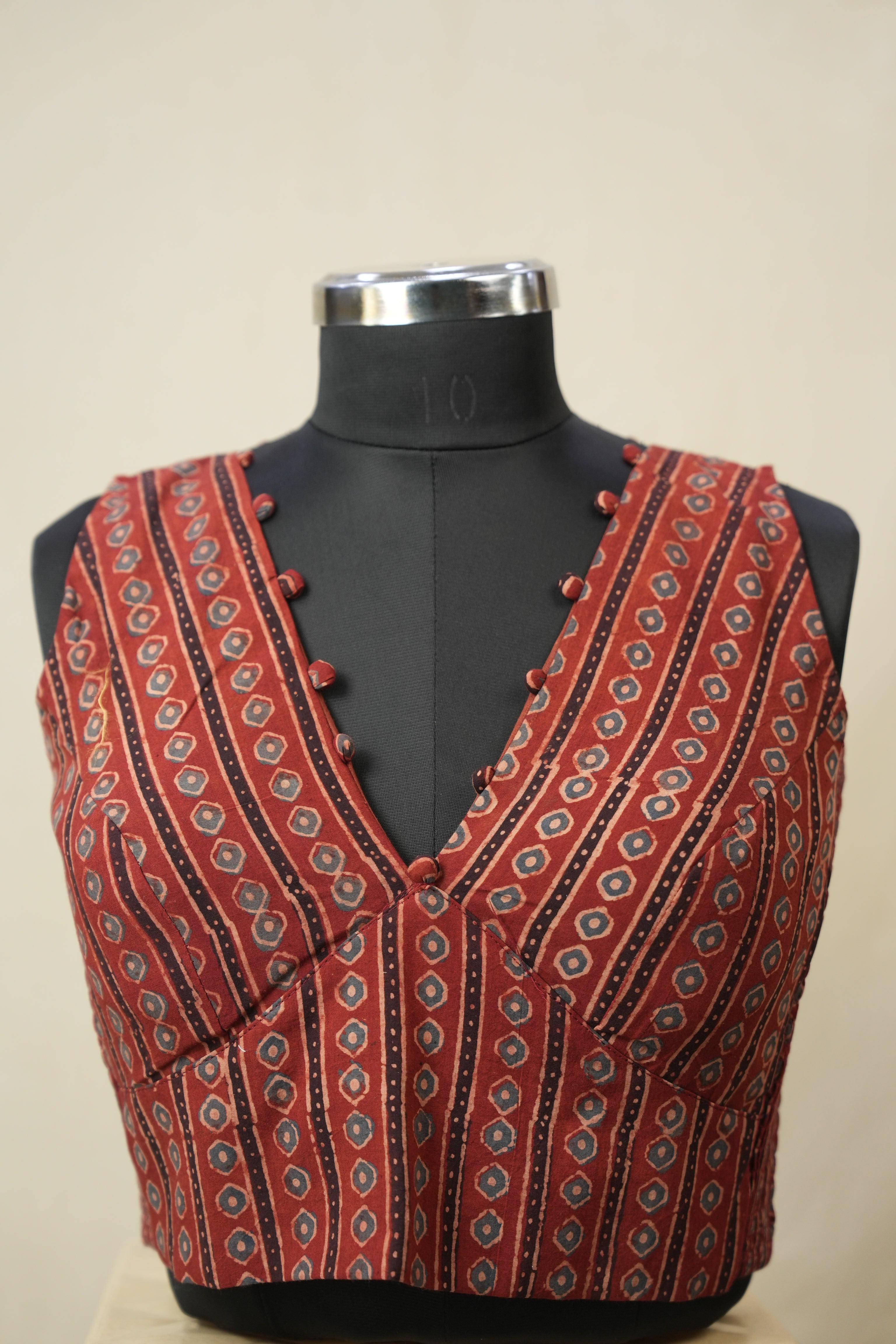 Maroon HBP V-Neck Ajrakh Cotton Blouse - SRMACB56