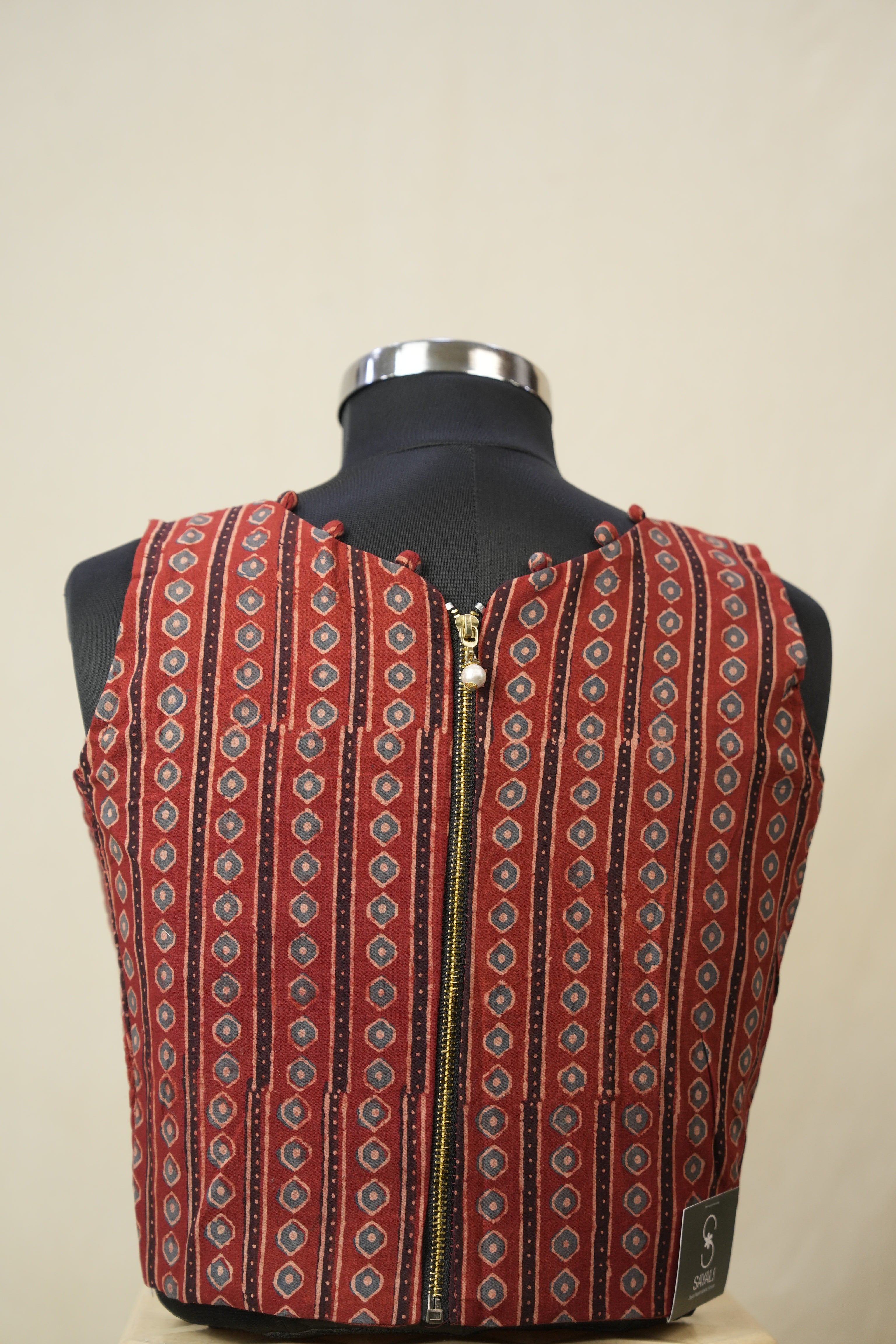 Maroon HBP V-Neck Ajrakh Cotton Blouse - SRMACB56