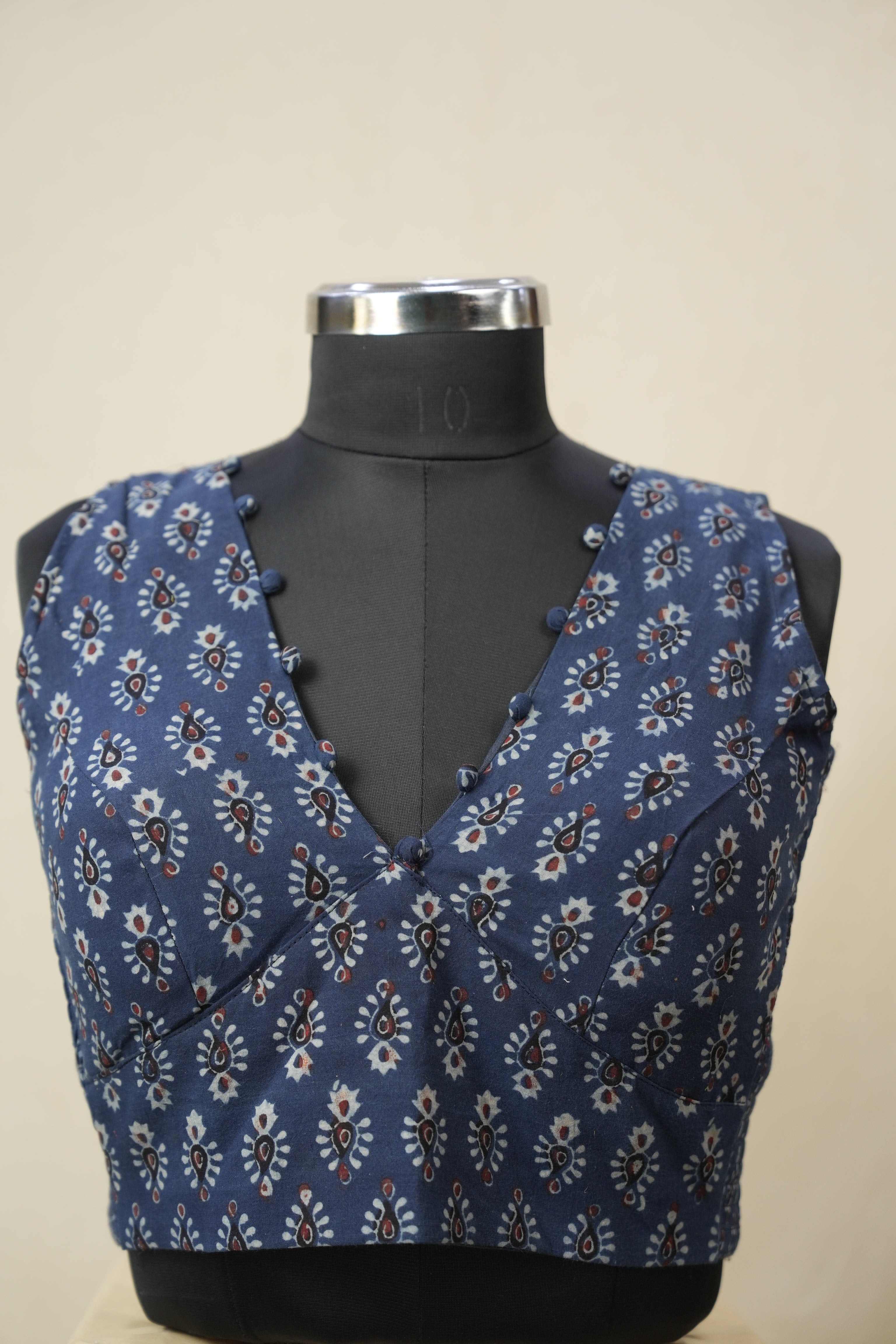 Blue HBP V-Neck Ajrakh Cotton Blouse - SRBACB55