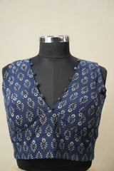 Blue HBP V-Neck Ajrakh Cotton Blouse - SRBACB55
