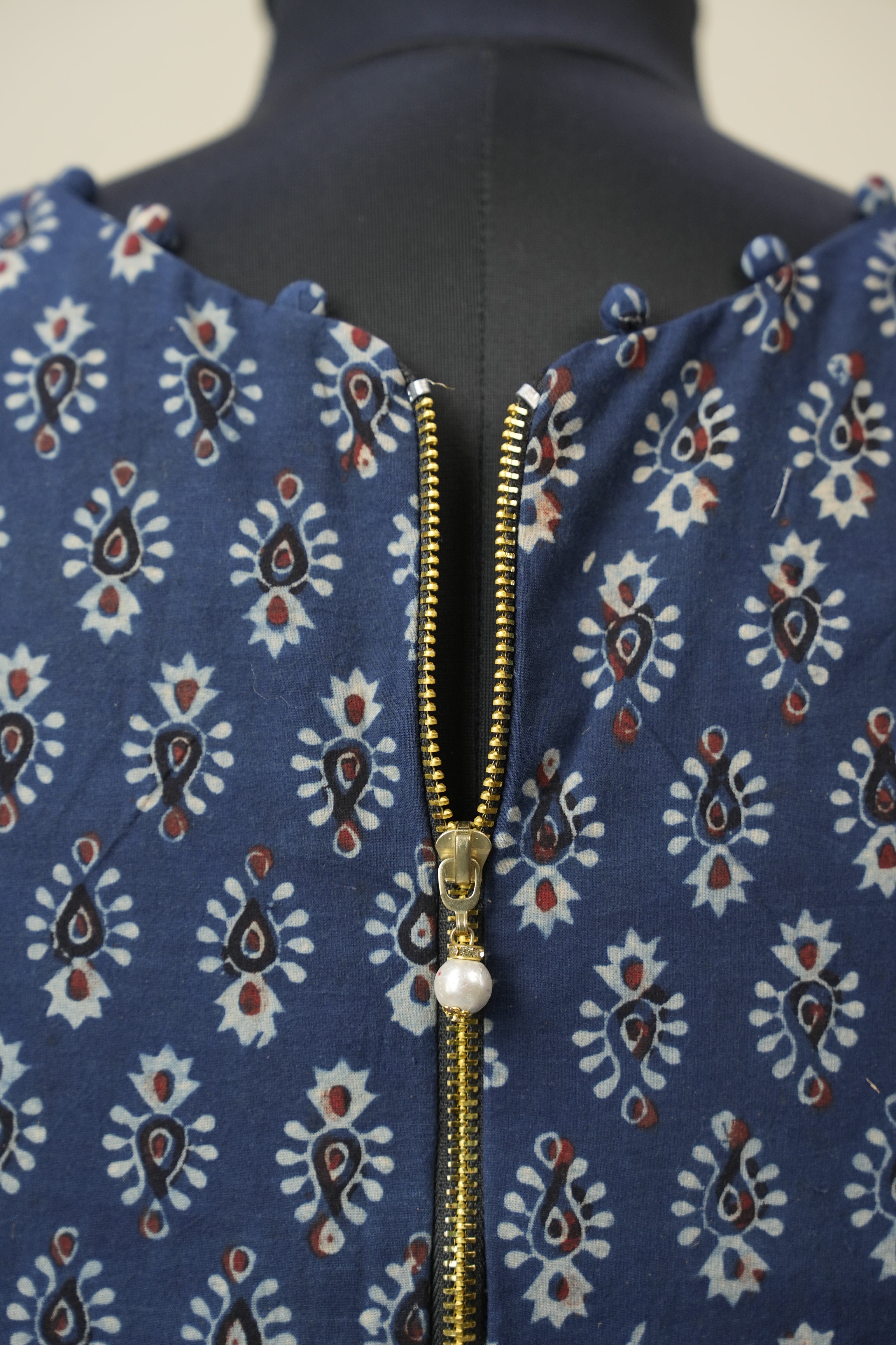 Blue HBP V-Neck Ajrakh Cotton Blouse - SRBACB55