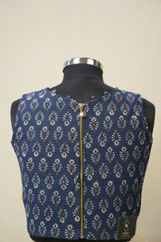 Blue HBP V-Neck Ajrakh Cotton Blouse - SRBACB55