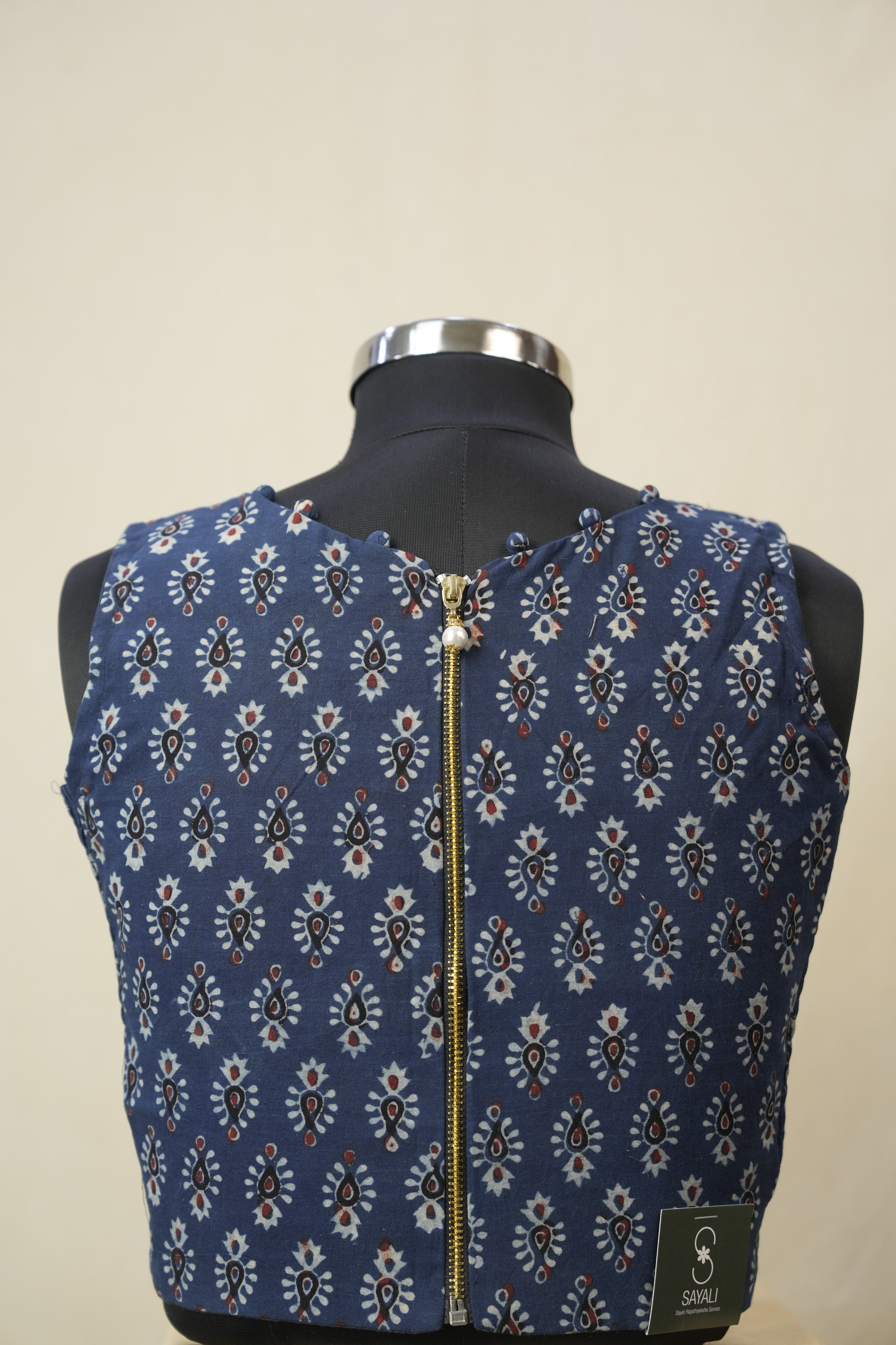 Blue HBP V-Neck Ajrakh Cotton Blouse - SRBACB55