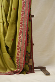 Olive Green Jamdani Tussar Silk Saree - SROGJTSS0025