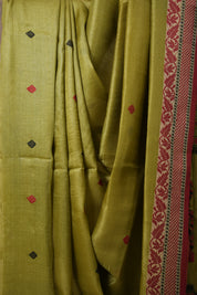 Olive Green Jamdani Tussar Silk Saree - SROGJTSS0025