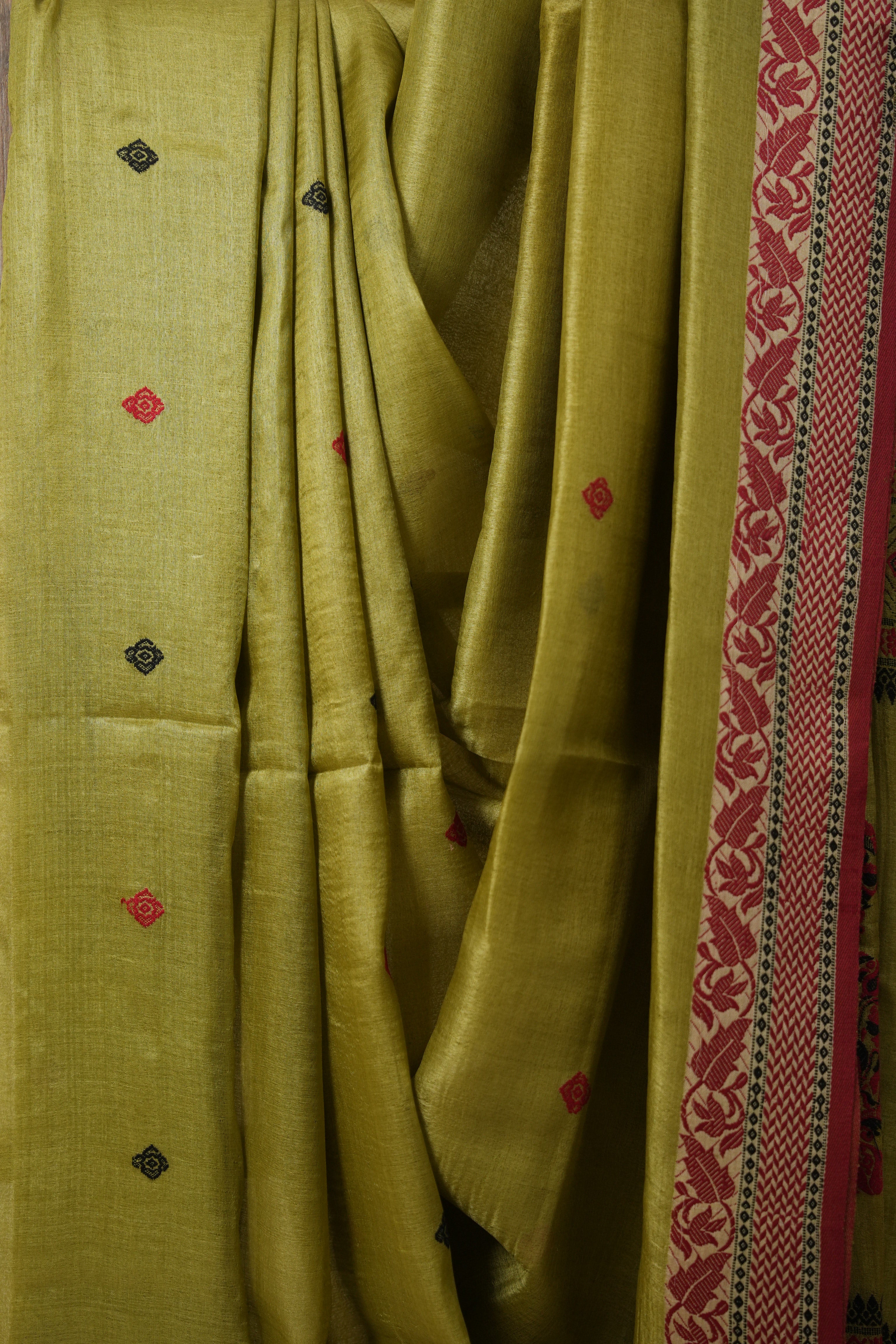 Olive Green Jamdani Tussar Silk Saree - SROGJTSS0025
