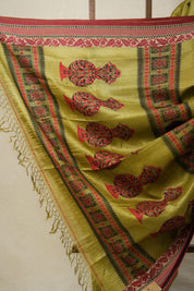 Olive Green Jamdani Tussar Silk Saree - SROGJTSS0025