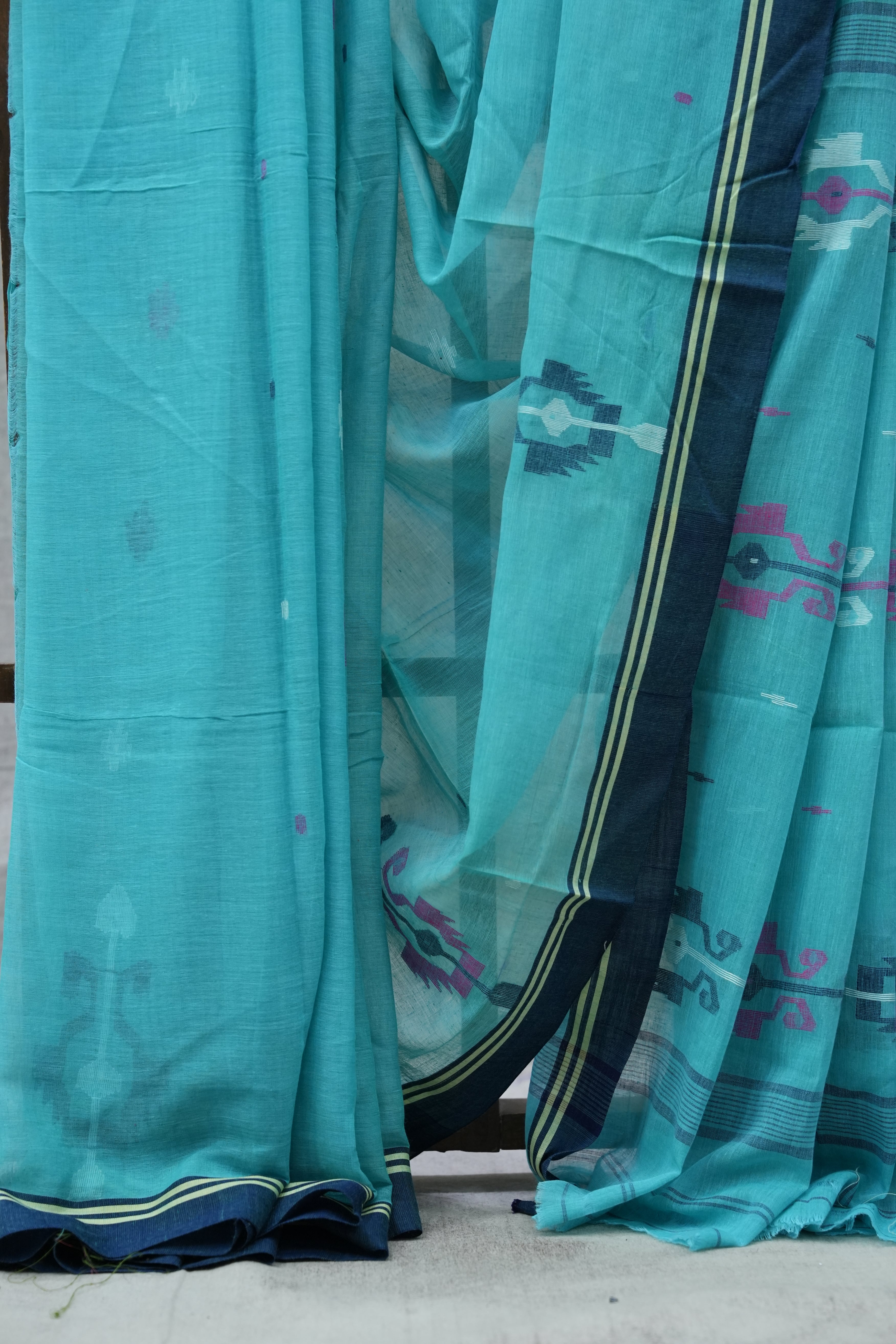Teal Bengal Cotton Jamdani Saree - SRTBCJS42-PI