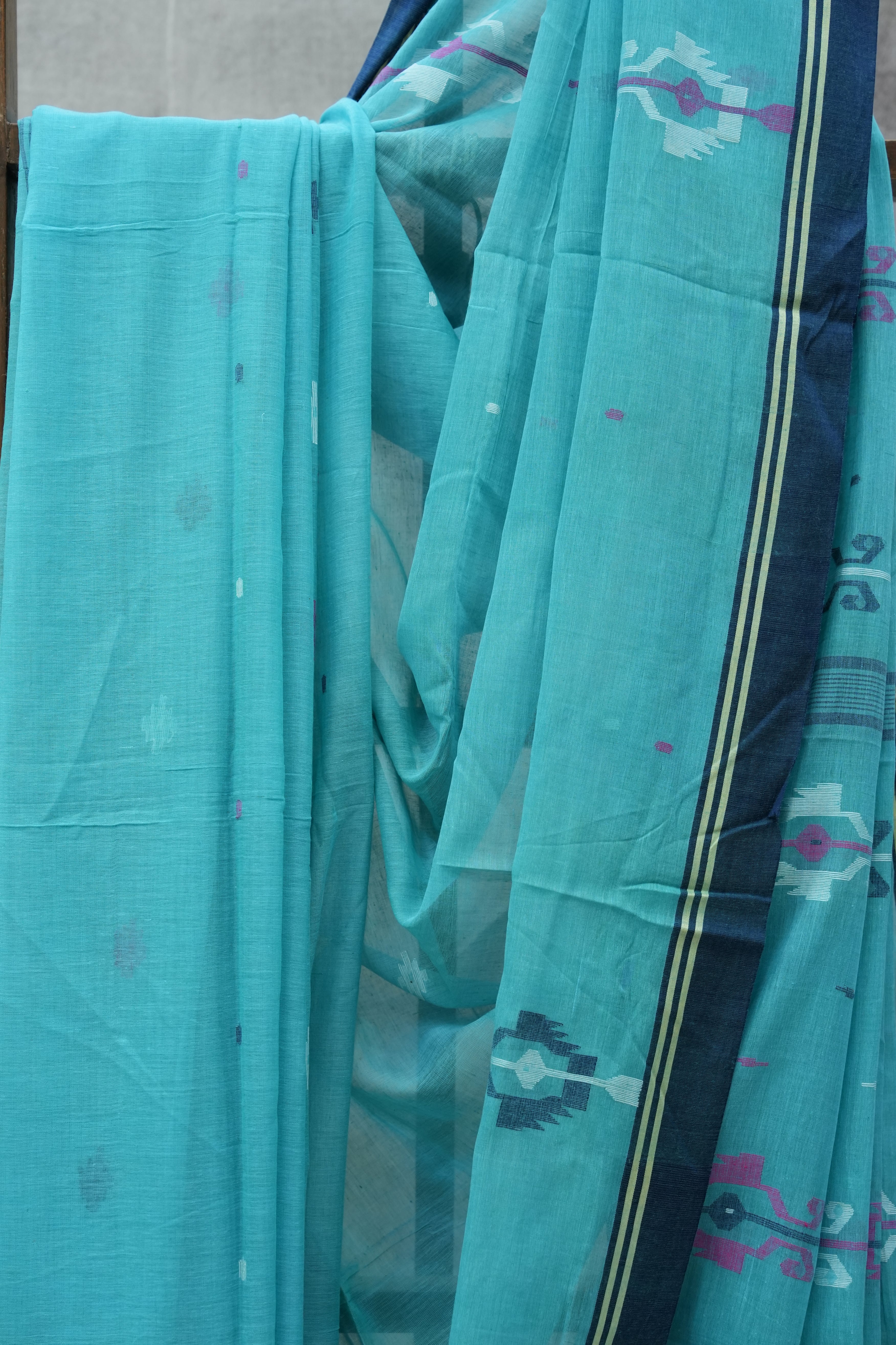 Teal Bengal Cotton Jamdani Saree - SRTBCJS42-PI