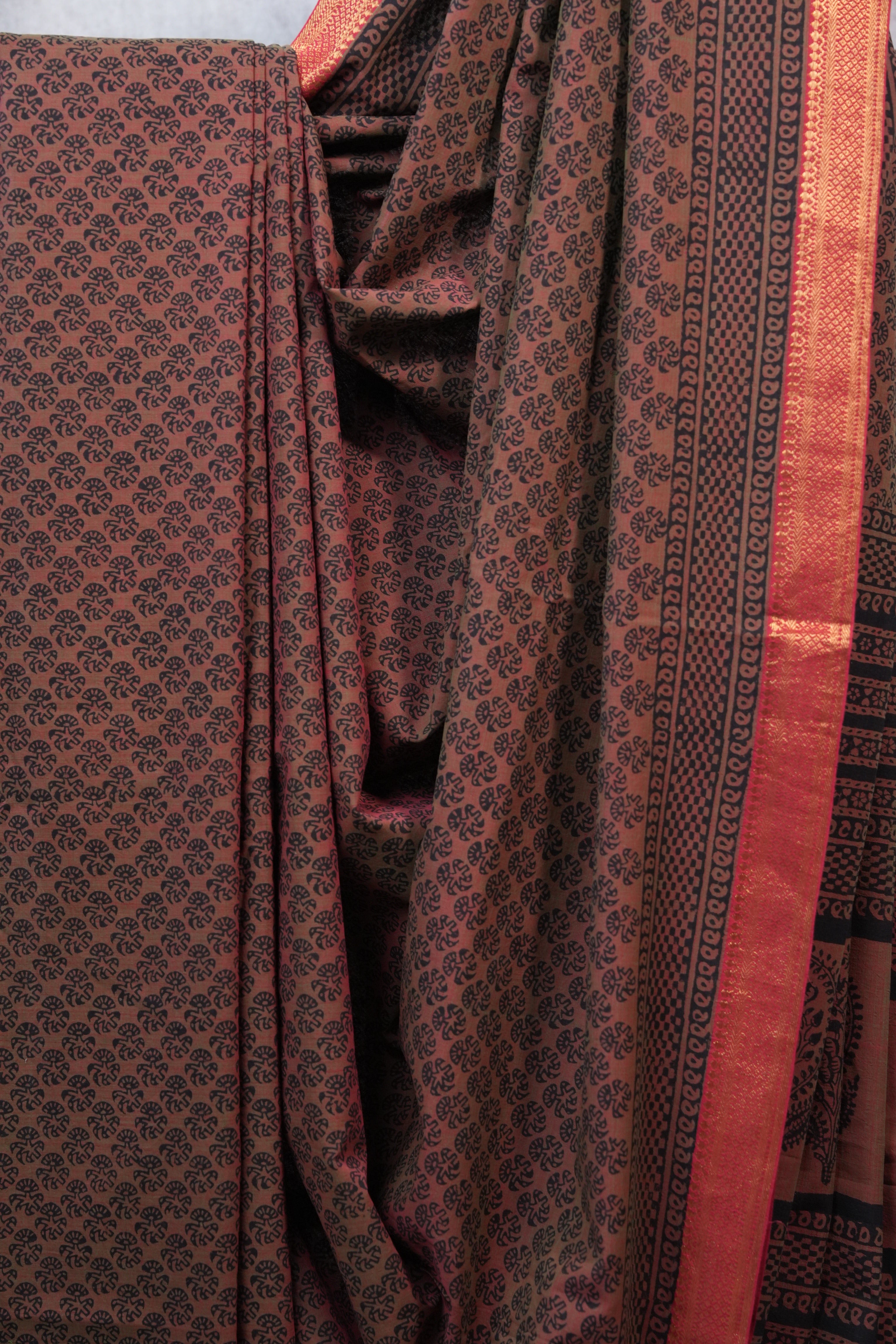 Rust Ajrakh HBP Chanderi Cotton Silk Saree - SRRACS1089