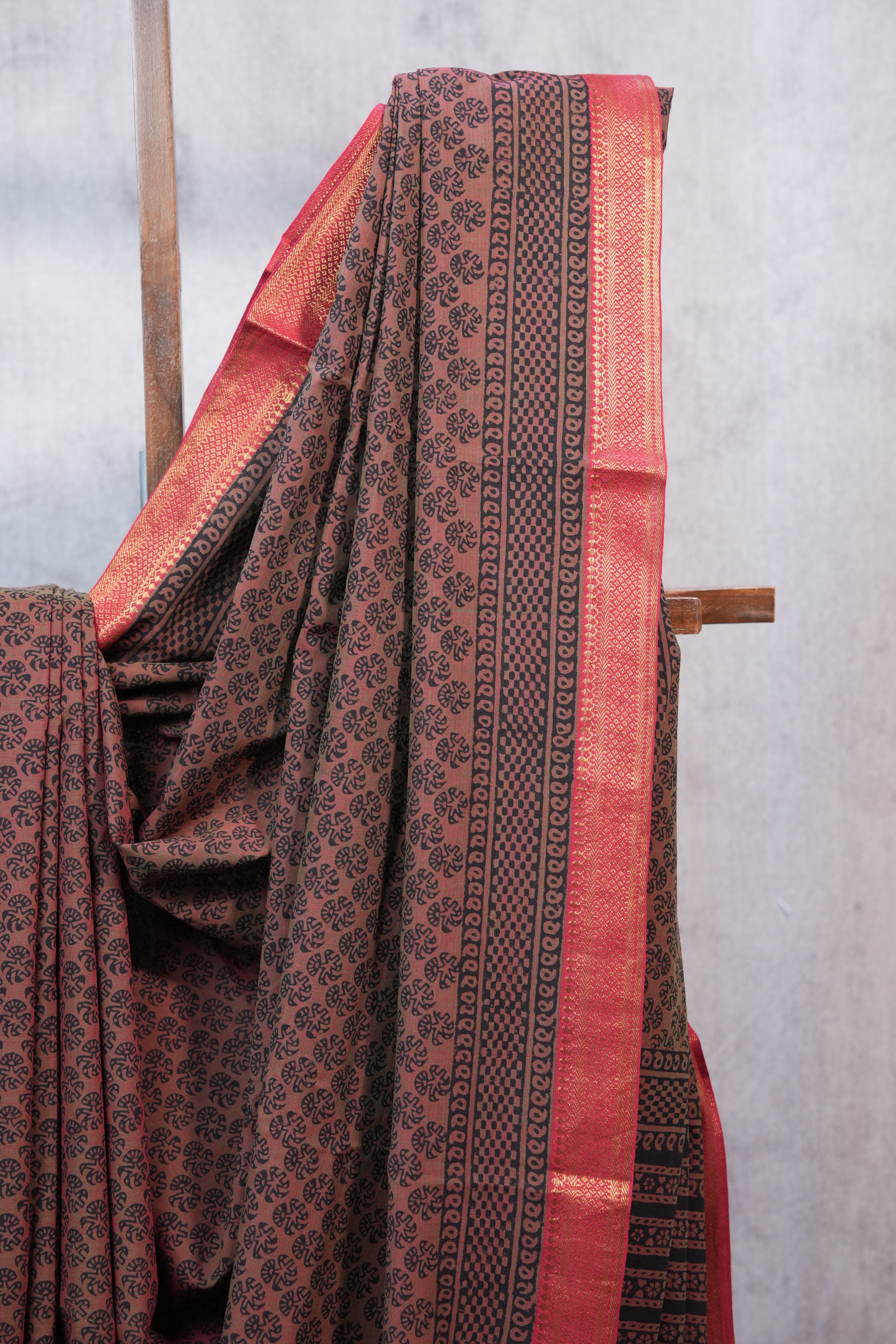 Rust Ajrakh HBP Chanderi Cotton Silk Saree - SRRACS1089