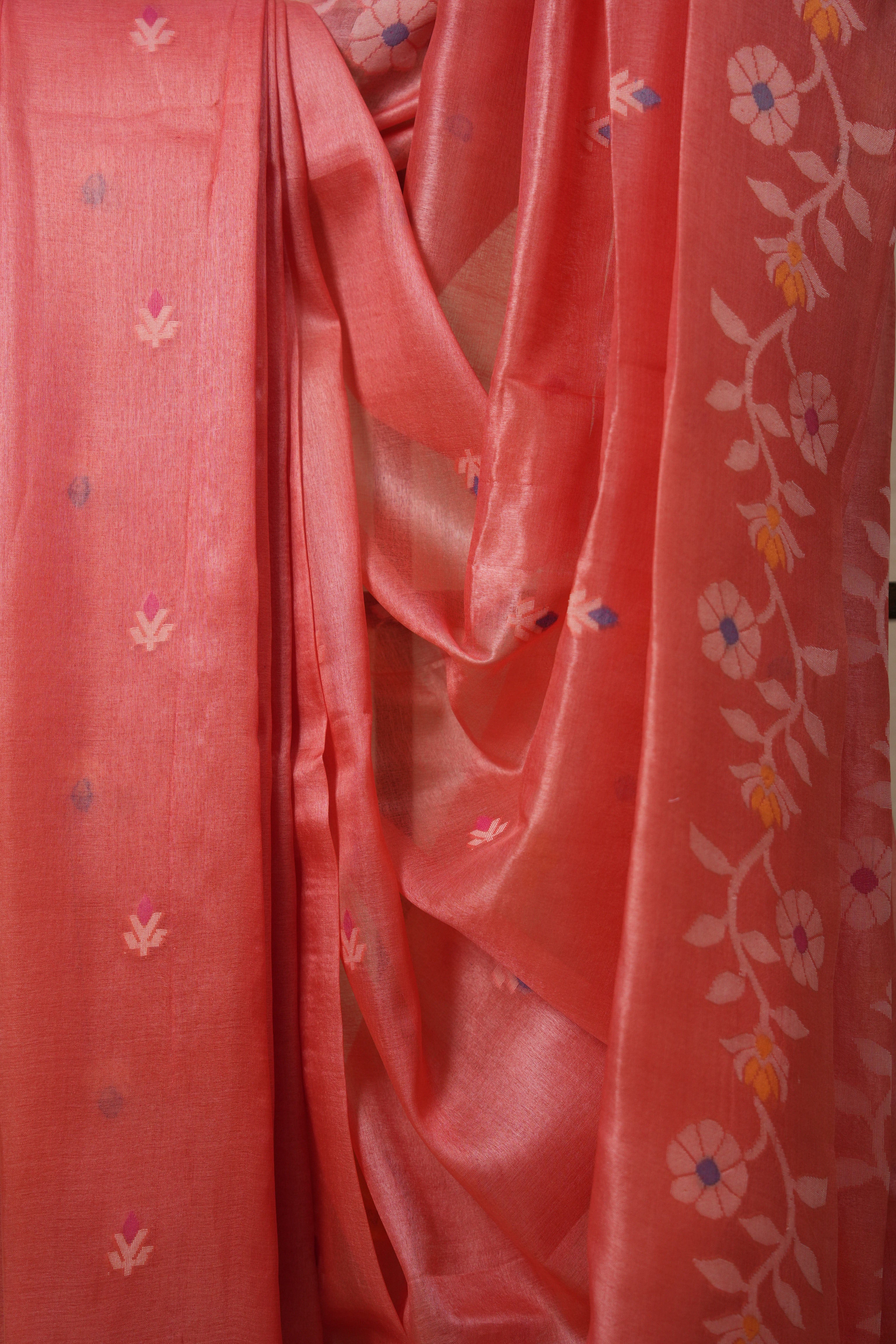 Pastel Pink Jamdani Tussar Silk Saree - SRPPJTSS0019