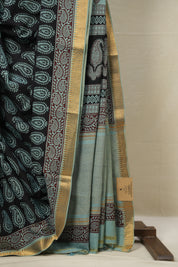 Black Cotton Mangalgiri Saree - SRBCMS36