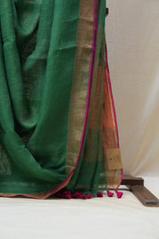 Green Plain Linen Saree With Pink Tassels - SRGPLS292