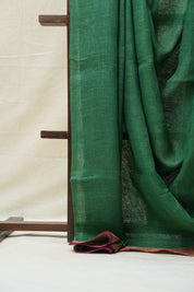 Green Plain Linen Saree With Pink Tassels - SRGPLS292