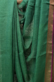 Green Plain Linen Saree With Pink Tassels - SRGPLS292