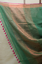 Green Plain Linen Saree With Pink Tassels - SRGPLS292