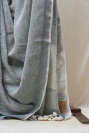 Light Gray Plain Linen Saree With Tassels - SRLGPLS269