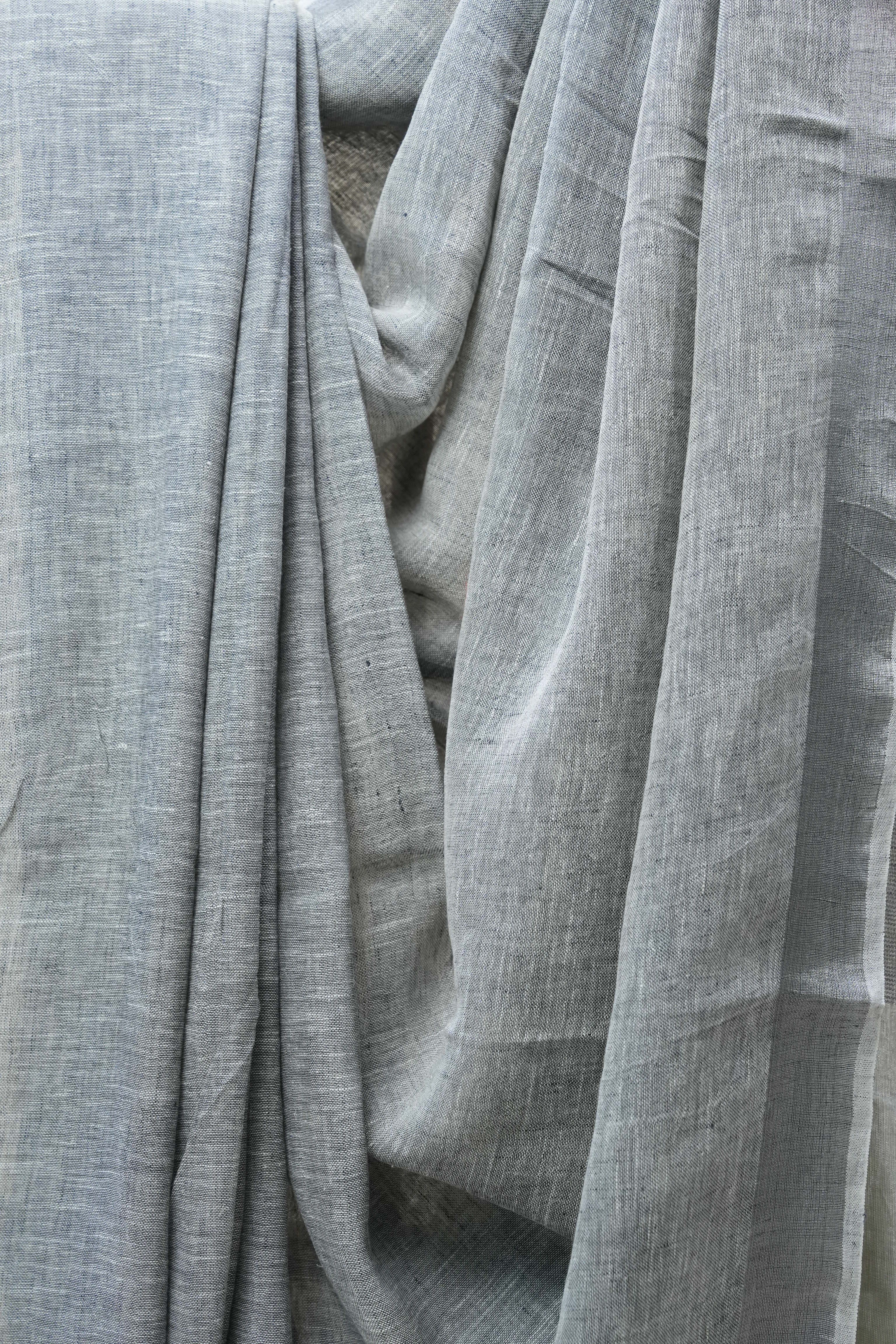 Light Gray Plain Linen Saree With Tassels - SRLGPLS269