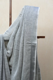 Light Gray Plain Linen Saree With Tassels - SRLGPLS269