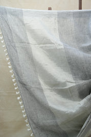 Light Gray Plain Linen Saree With Tassels - SRLGPLS269