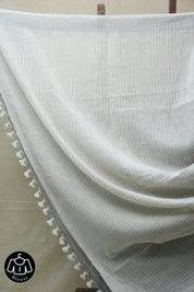 Light Gray Plain Linen Saree With Tassels - SRLGPLS269