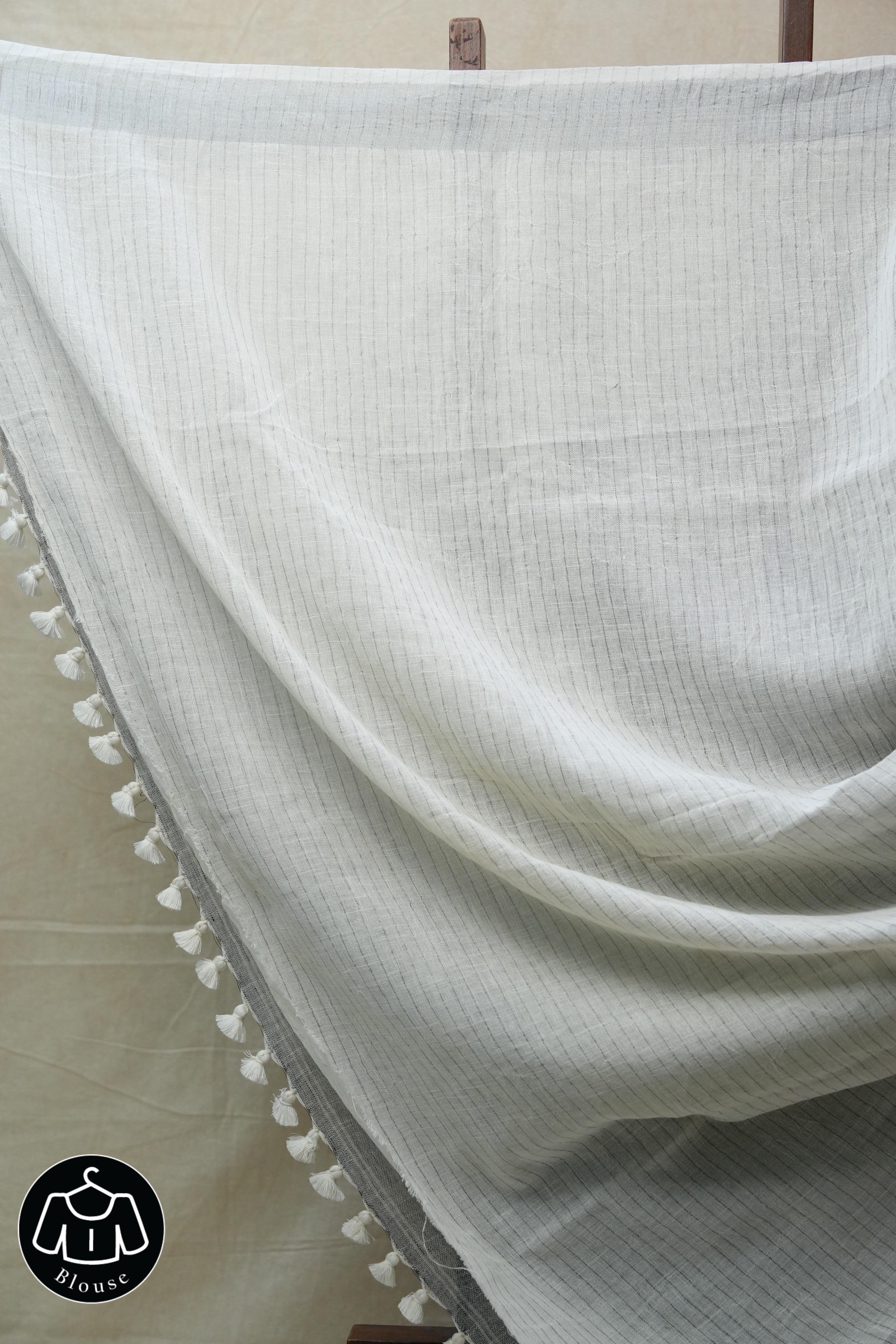 Light Gray Plain Linen Saree With Tassels - SRLGPLS269