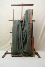 Olive Green Plain Linen Saree With Tassels - SROGPLS277