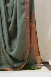 Olive Green Plain Linen Saree With Tassels - SROGPLS277