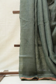 Olive Green Plain Linen Saree With Tassels - SROGPLS277