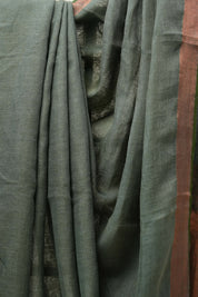 Olive Green Plain Linen Saree With Tassels - SROGPLS277