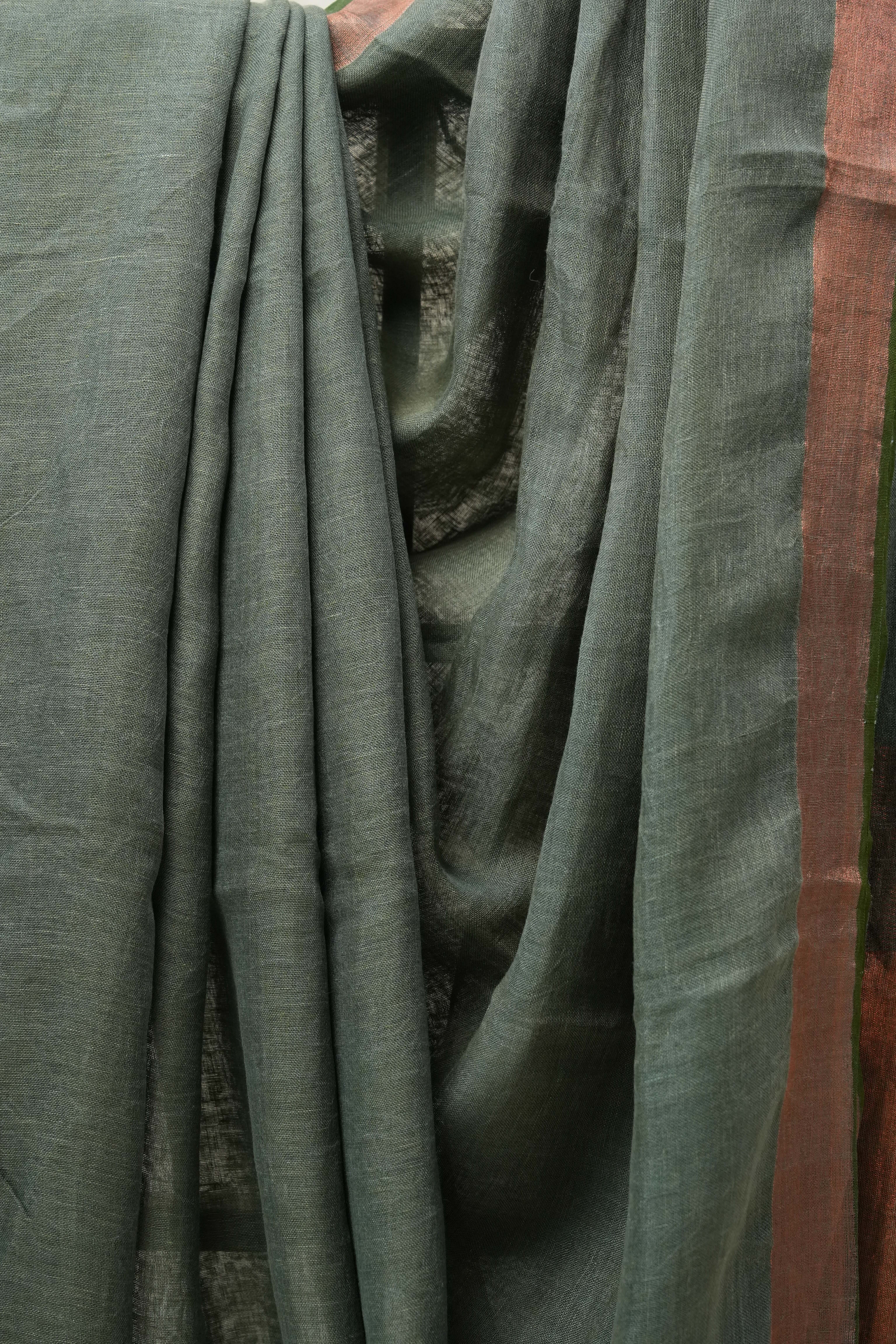 Olive Green Plain Linen Saree With Tassels - SROGPLS277