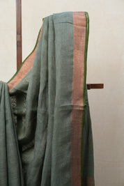 Olive Green Plain Linen Saree With Tassels - SROGPLS277