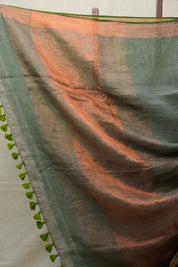 Olive Green Plain Linen Saree With Tassels - SROGPLS277