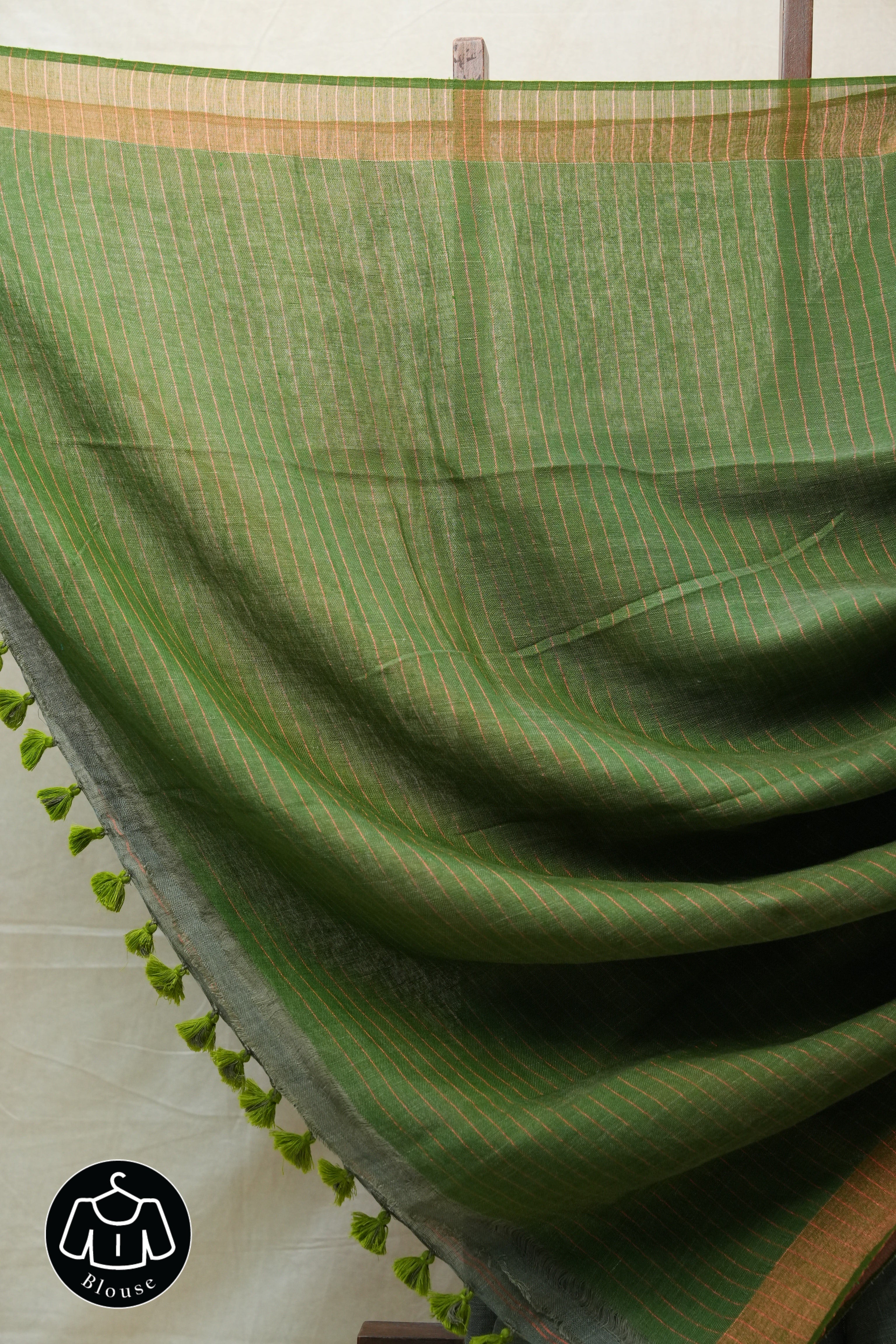Olive Green Plain Linen Saree With Tassels - SROGPLS277