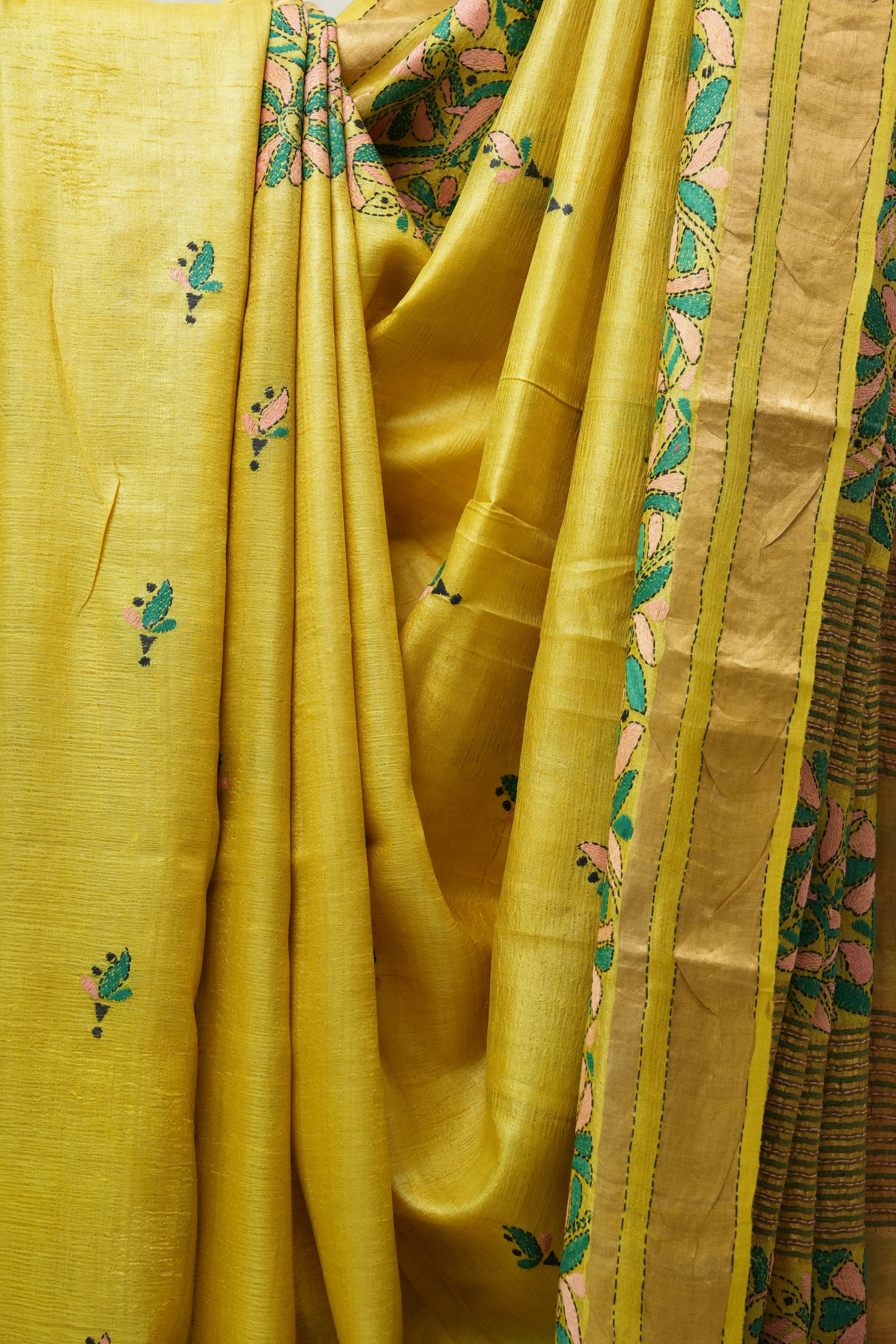 Yellow Tussar Silk Saree - SRYTSS1386