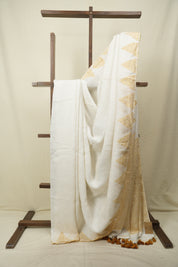 White Sequins Linen Saree With Yellow Tassels - SRWSLS532