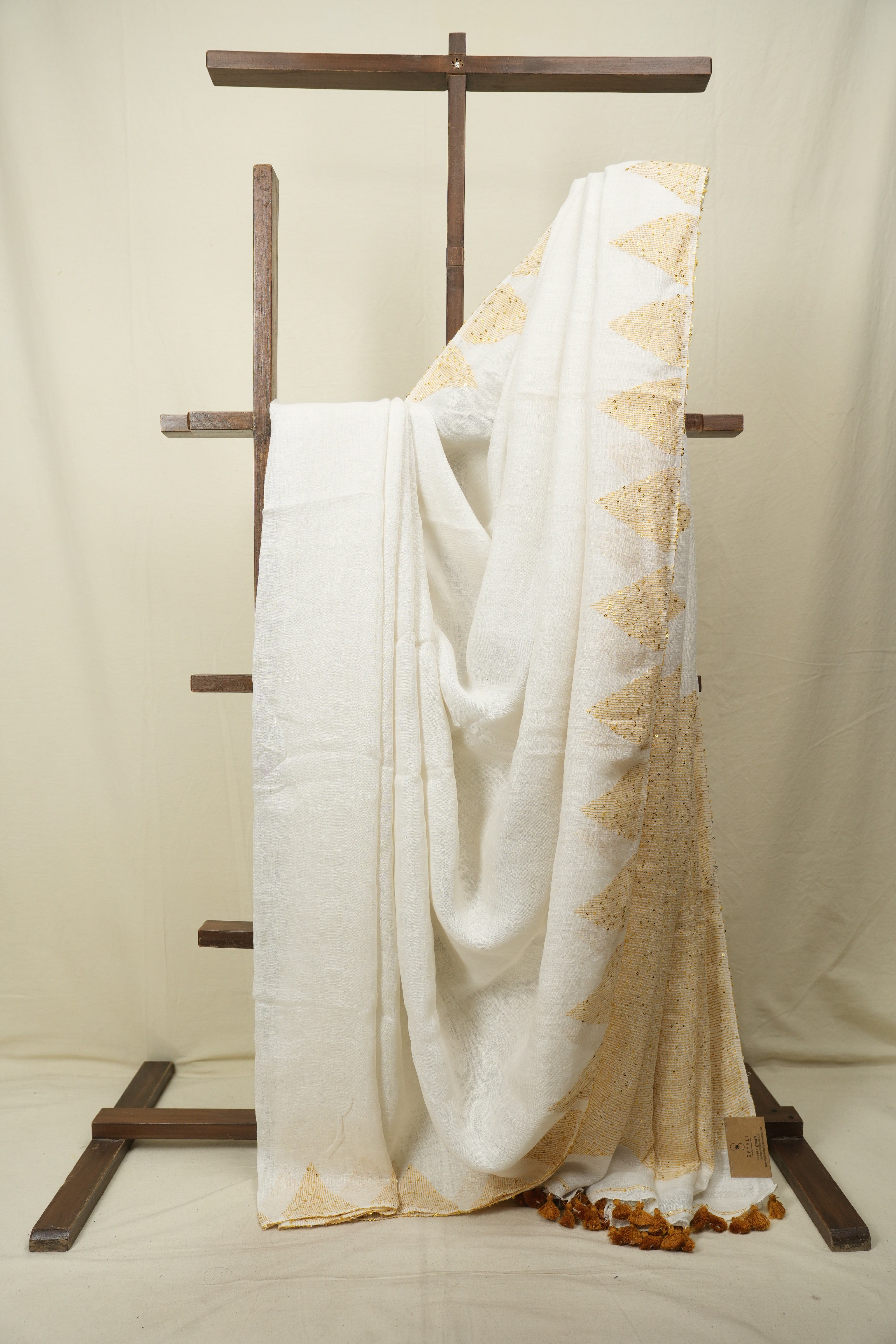 White Sequins Linen Saree With Yellow Tassels - SRWSLS532