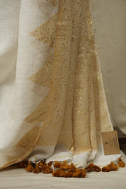 White Sequins Linen Saree With Yellow Tassels - SRWSLS532