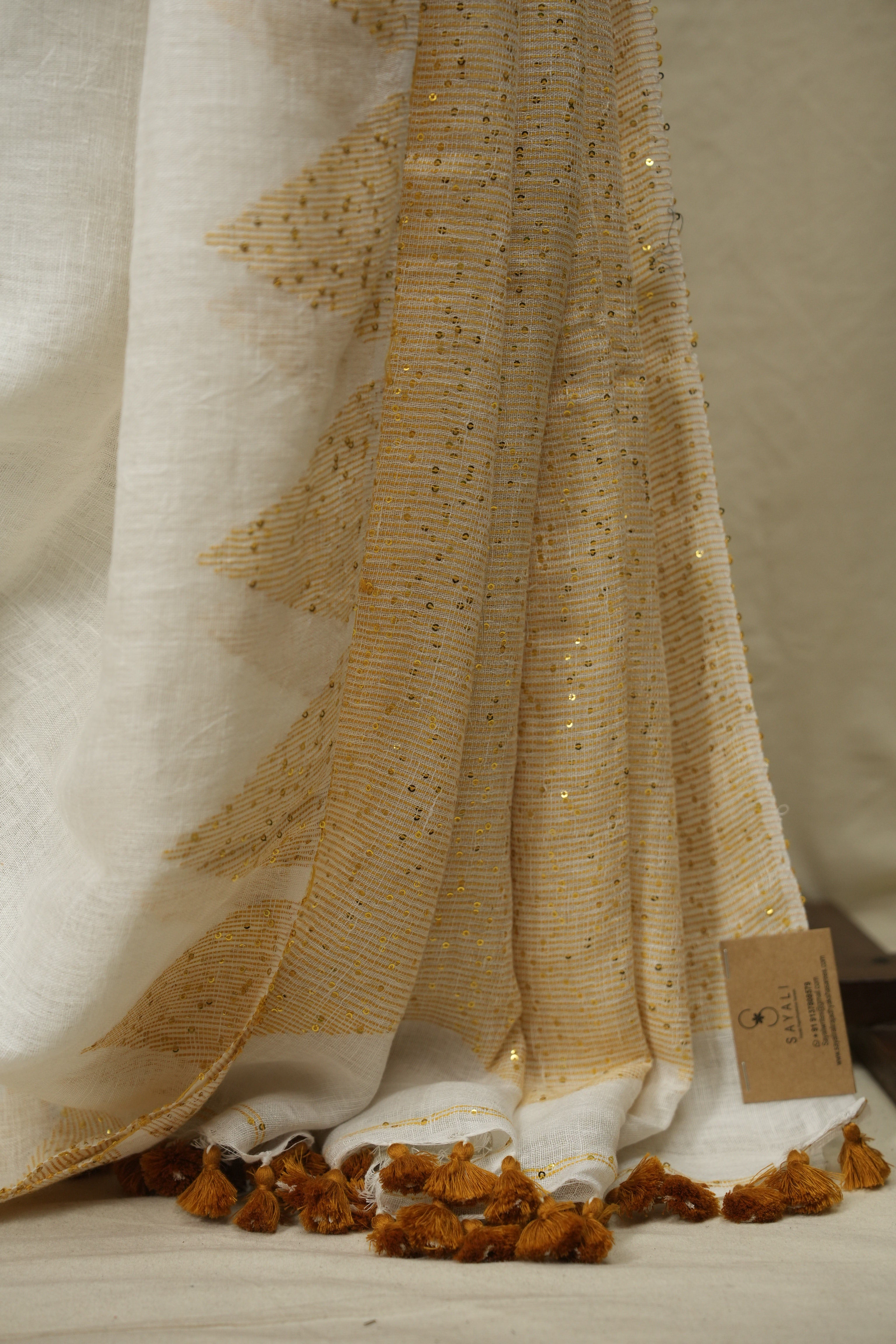 White Sequins Linen Saree With Yellow Tassels - SRWSLS532
