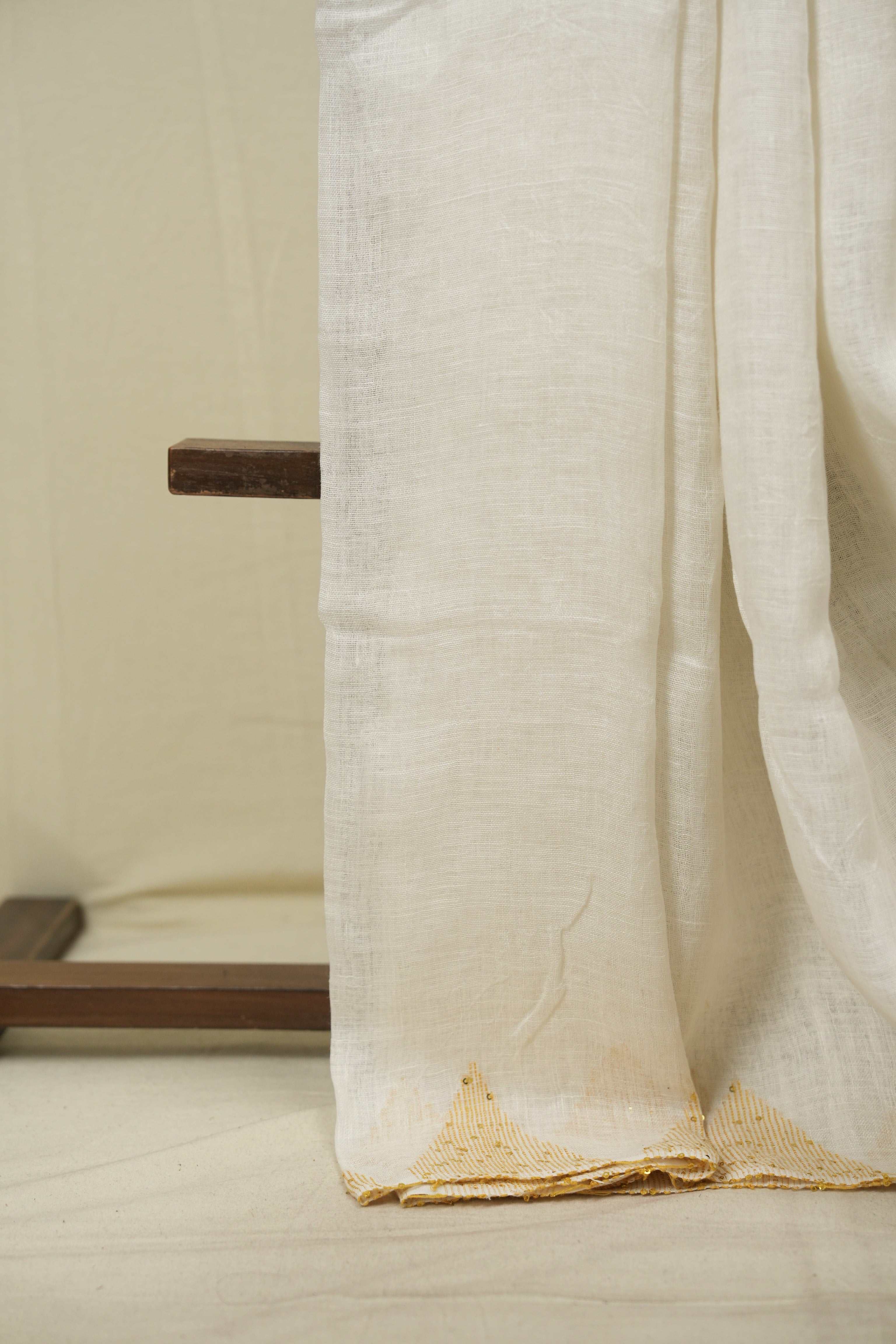 White Sequins Linen Saree With Yellow Tassels - SRWSLS532