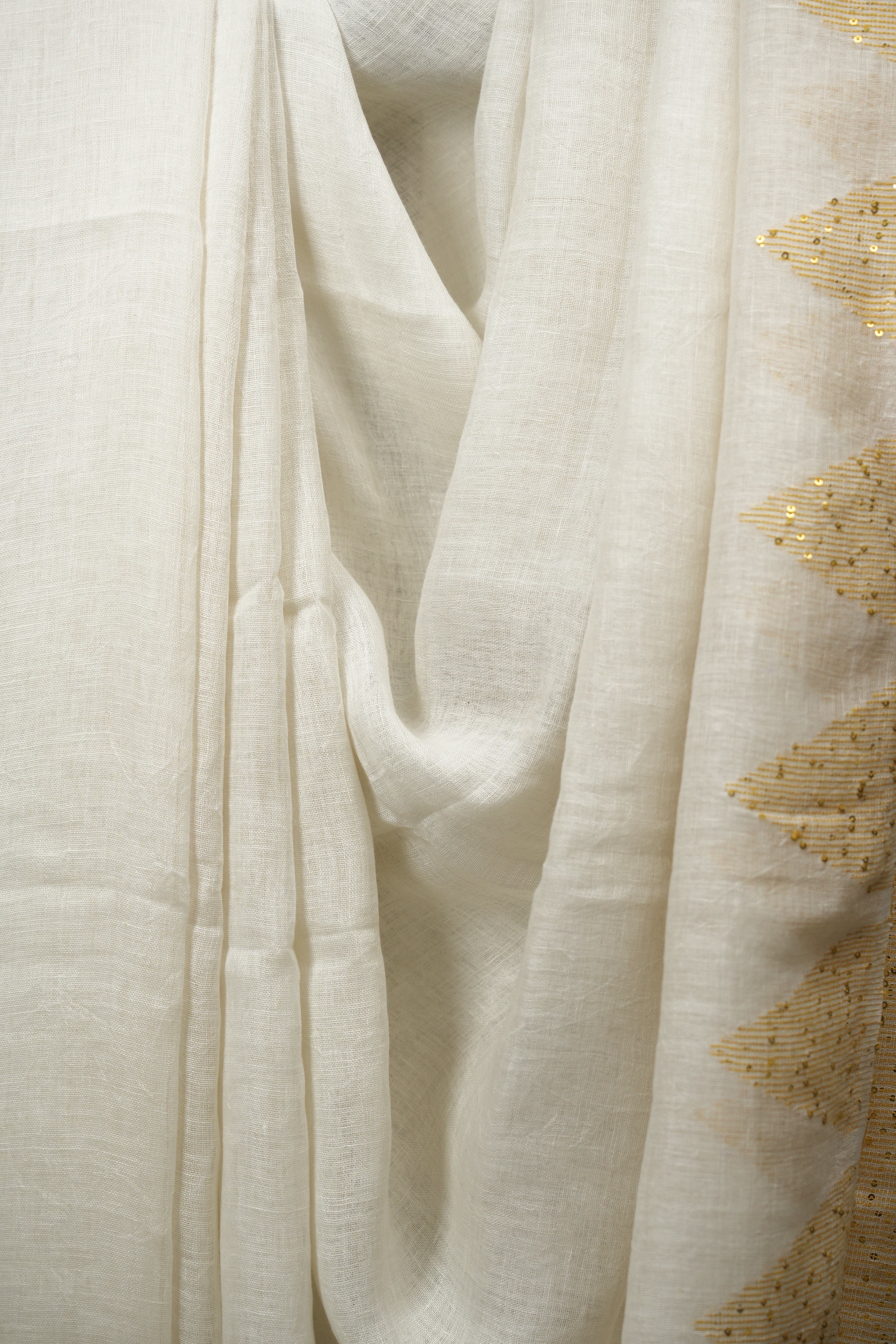 White Sequins Linen Saree With Yellow Tassels - SRWSLS532