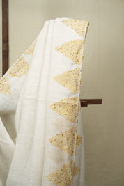 White Sequins Linen Saree With Yellow Tassels - SRWSLS532