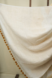 White Sequins Linen Saree With Yellow Tassels - SRWSLS532
